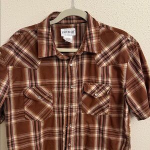 John Blair Men's Casual Brown Plaid Shirt Pearl Snap Buttons
